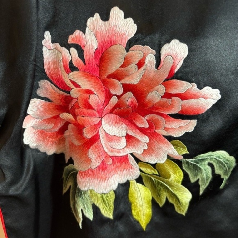 Black Satin Dress with Red Trim and Floral Embroidery - Picture 6 of 6